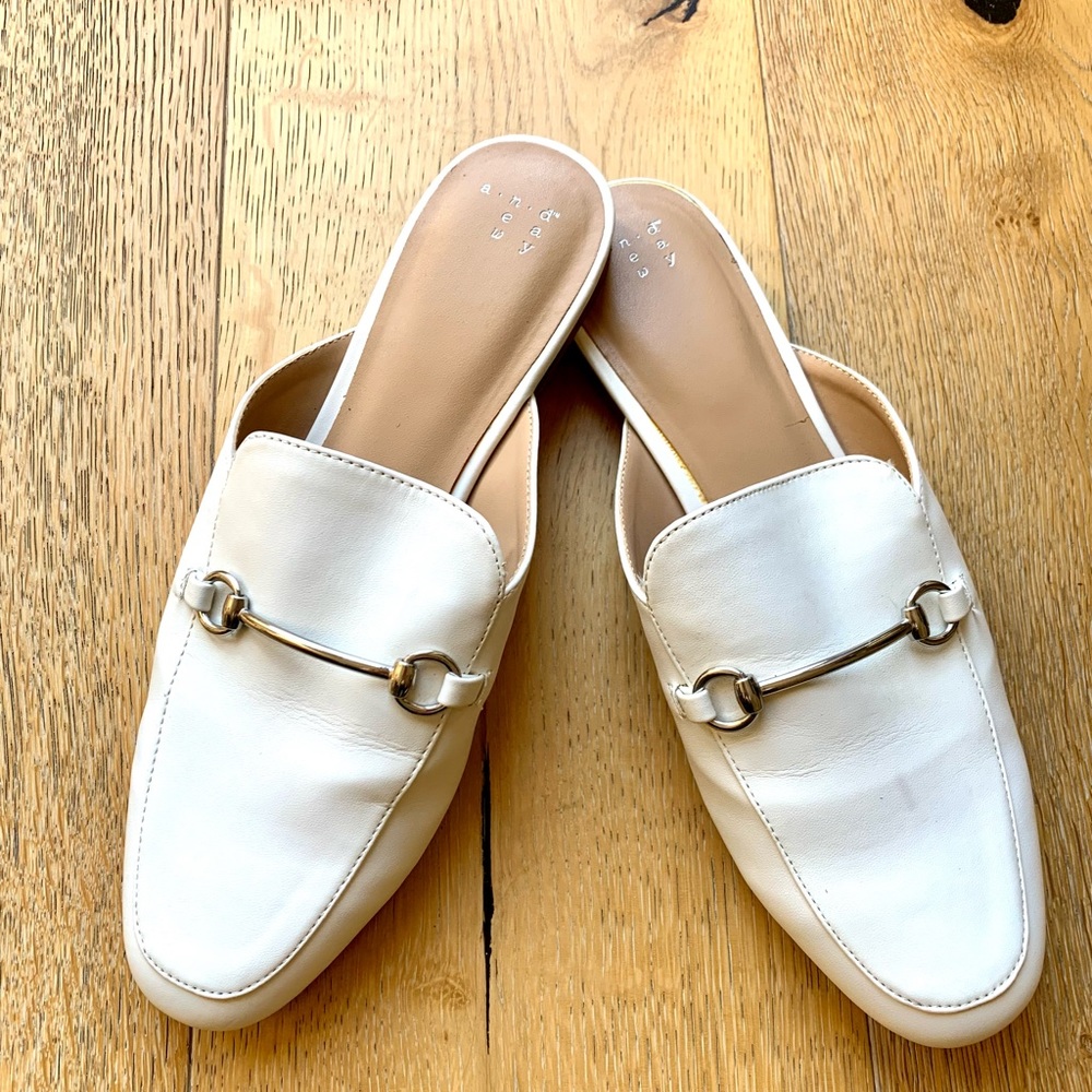 a new day White Leather Slip-On Loafer Mules with Gold Bit